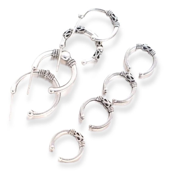 Bali Silver Hoops Earrings with Ear Cuffs Set - Picture 2 of 4
